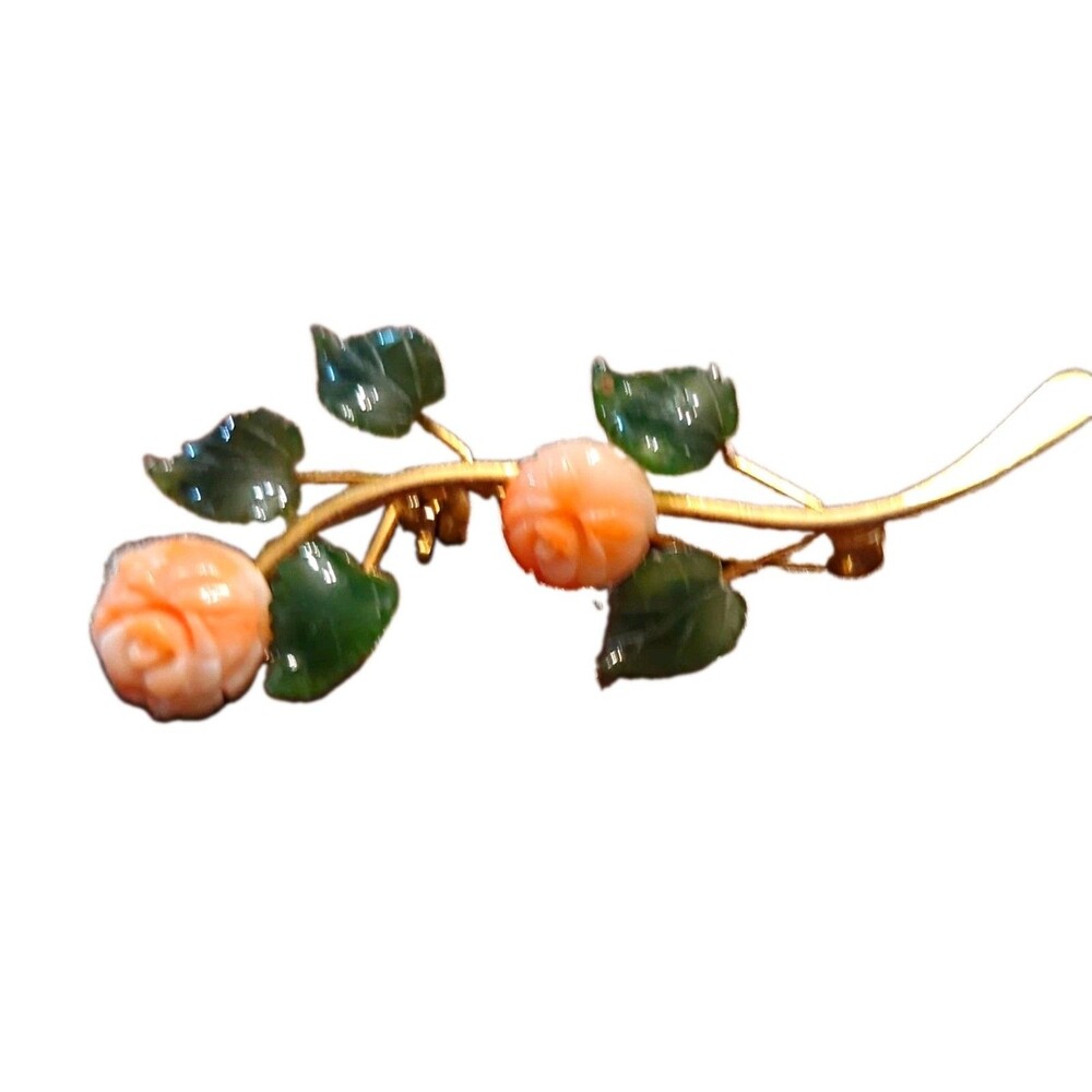 Gold Tone Metal Flower Rose Leaf Brooch Pin Green & Pink, No Stone